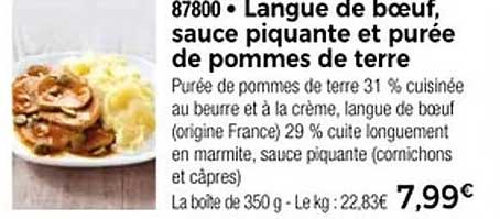 Langue de bœuf, sauce piquante et purée de pommes de terre