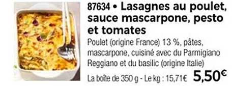 Lasagnes au poulet, sauce mascarpone, pesto et tomates