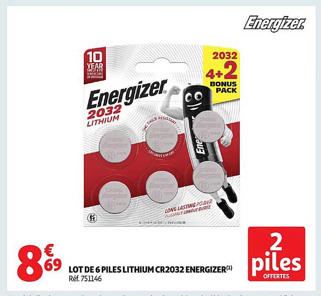 LOT DE 6 PILES LITHIUM CR2032 ENERGIZER