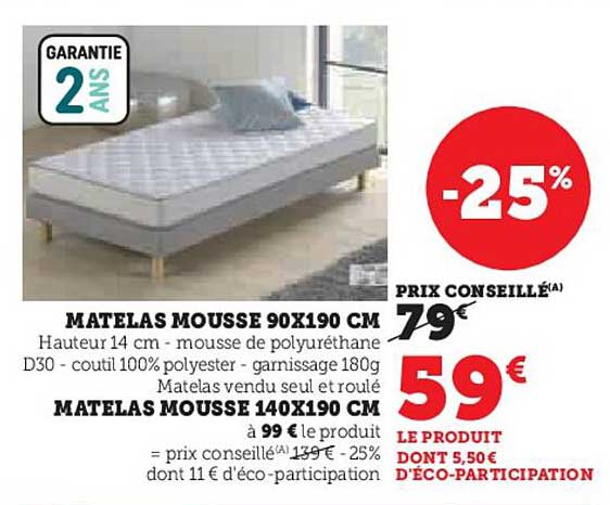 MATELAS MOUSSE 90X190 CM