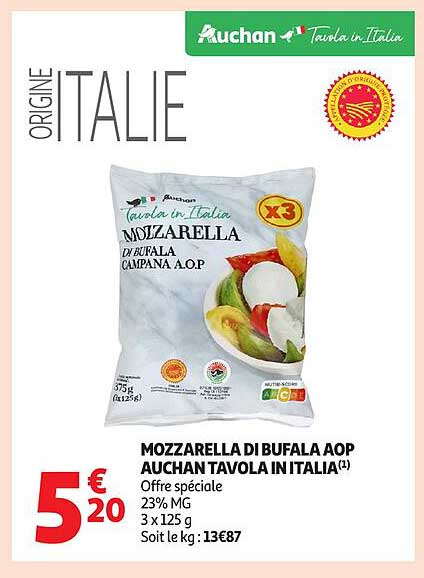 MOZZARELLA DI BUFALA AOP AUCHAN TAVOLA IN ITALIA