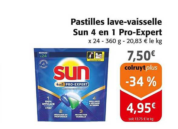 Pastilles lave-vaisselle Sun 4 en 1 Pro-Expert x 24 - 360 g - 20,83 € le kg