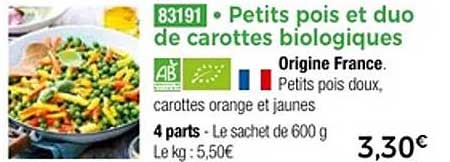 Petits pois et duo de carottes biologiques
