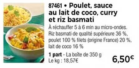Poulet, sauce au lait de coco, curry et riz basmati