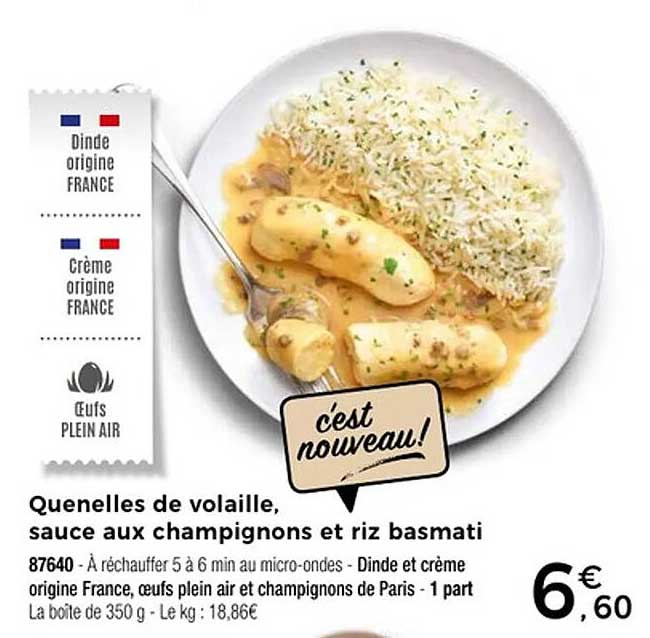 Quenelles de volaille, sauce aux champignons et riz basmati