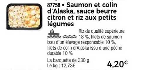 Saumon et colin d’Alaska, sauce beurre citron et riz aux petits légumes