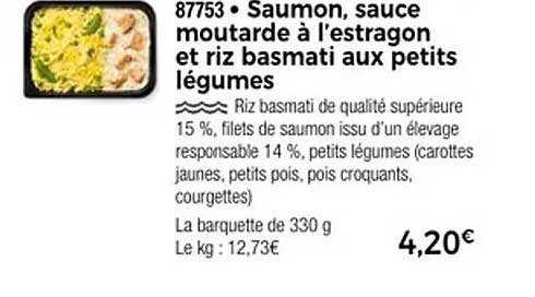 Saumon, sauce moutarde à l'estragon et riz basmati aux petits légumes