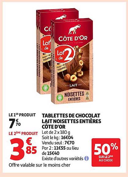 TABLETTES DE CHOCOLAT LAIT NOISETTES ENTIÈRES CÔTE D'OR
