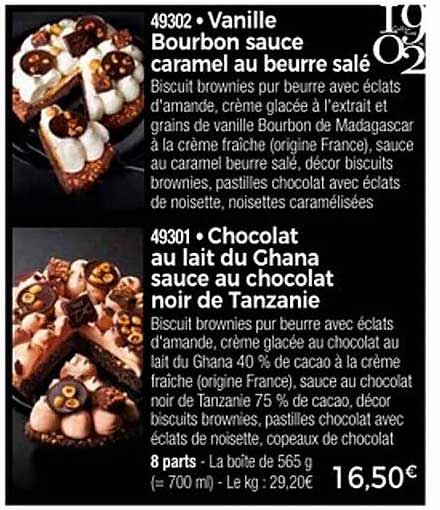 Vanille Bourbon sauce caramel au beurre salé, Chocolat au lait du Ghana sauce au chocolat noir de Tanzanie