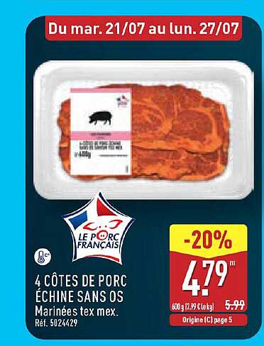 4 CÔTES DE PORC ÉCHINE SANS OS Marinées tex mex. Réf. 5024429