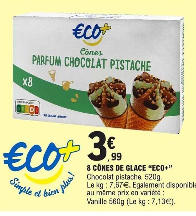8 CÔNES DE GLACE “ECO+” Chocolat pistache, 520g