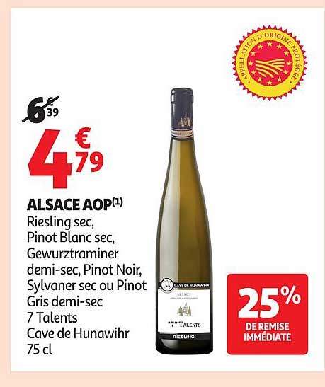 ALSACE AOP(1) Riesling sec, Pinot Blanc sec, Gewurztraminer demi-sec, Pinot Noir, Sylvaner sec ou Pinot Gris demi-sec 7 Talents Cave de Hunawihr 75 cl