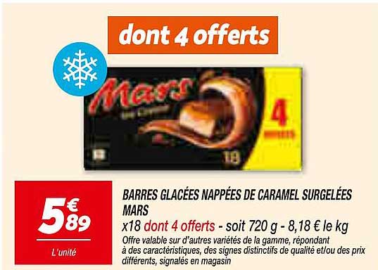 BARRES GLACÉES NAPPÉES DE CARAMEL SURGELÉES MARS x18 dont 4 offerts