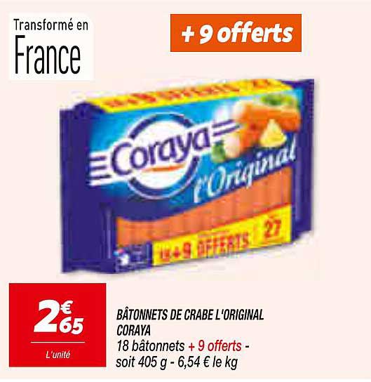 BÂTONNETS DE CRABE L’ORIGINAL CORAYA 18 bâtonnets + 9 offerts - soit 405 g - 6,54 € le kg