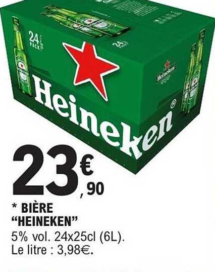 Bière “HEINEKEN” 5% vol. 24x25cl (6L). Le litre : 3,98€.