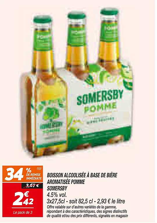 BOISSON ALCOOLISÉE À BASE DE BIÈRE AROMATISÉE POMME SOMERSBY 4.5% vol. 3x27,5cl - soit 82,5 cl - 2,93 € le litre