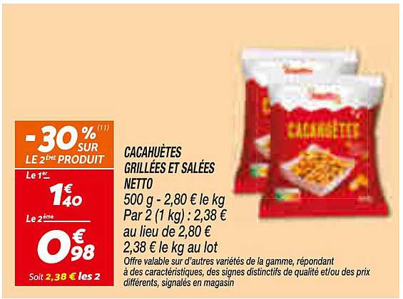CACAHUETES GRILLEES ET SALEES NETTO 500 g - 2,80 € le kg Par 2 (1 kg) : 2,38 € au lieu de 2,80 € 2,38 € le kg au lot