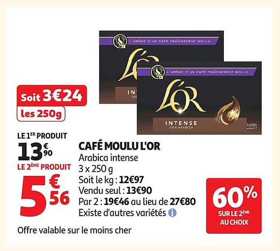 CAFÉ MOULU L'OR Arabica intense 3 x 250 g