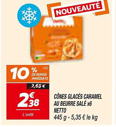 CÔNES GLACÉS CARAMEL AU BEURRE SALÉ x6 NETTO 445 g - 5,35 € le kg