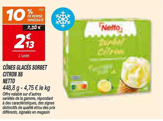 CÔNES GLACÉS SORBET CITRON X6 NETTO
