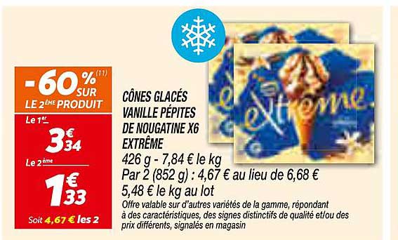 CÔNES GLACÉS VANILLE PÉPITES DE NOUGATINE X6 EXTRÊME