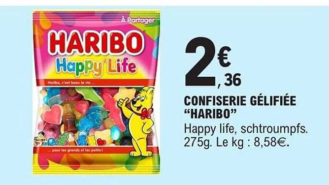 CONFISERIE GÉLIFIÉE “HARIBO” Happy life, schtroumpfs. 275g. Le kg : 8,58€.