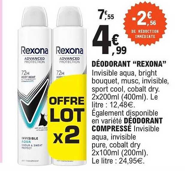 DÉODORANT “REXONA” Invisible aqua, bright bouquet, musc, invisible, sport cool, cobalt dry. 2x200ml (400ml)