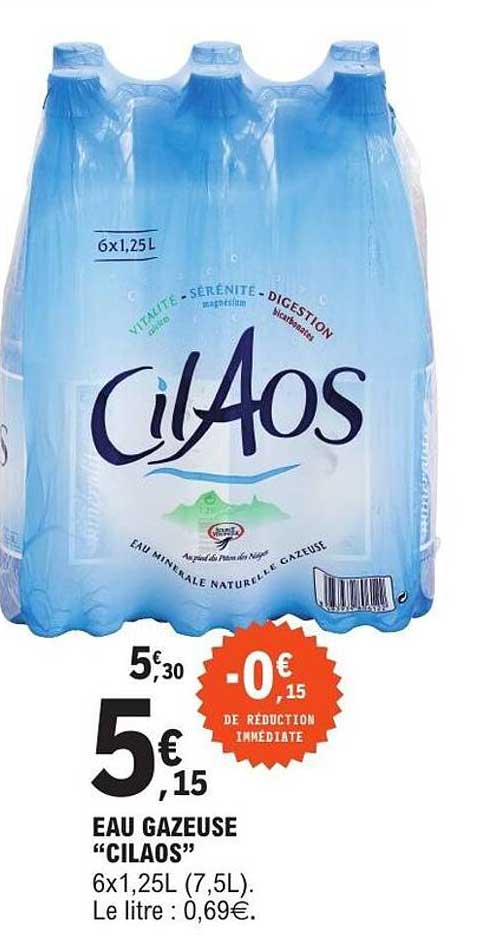 EAU GAZEUSE “CILAOS” 6x1,25L (7,5L). Le litre : 0,69€.