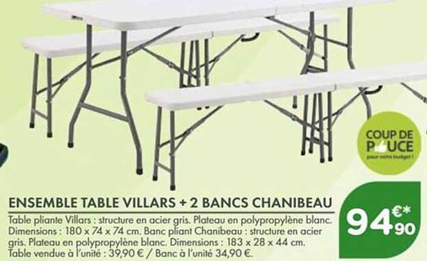 ENSEMBLE TABLE VILLARS + 2 BANCS CHANIBEAU