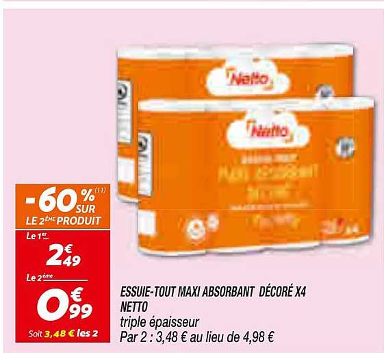 ESSUIE-TOUT MAXI ABSORBANT DÉCORÉ X4 NETTO triple épaisseur