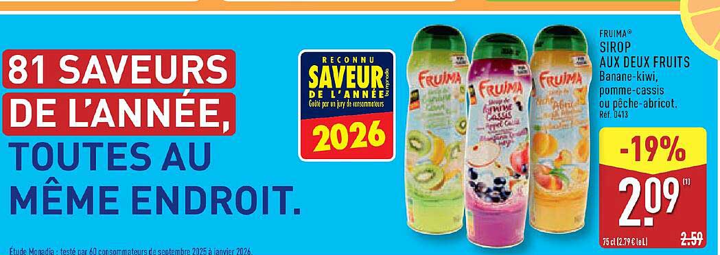 FRUIMA® SIROP AUX DEUX FRUITS Banane-kiwi, pomme-cassis ou pêche-abricot. Réf. 0413