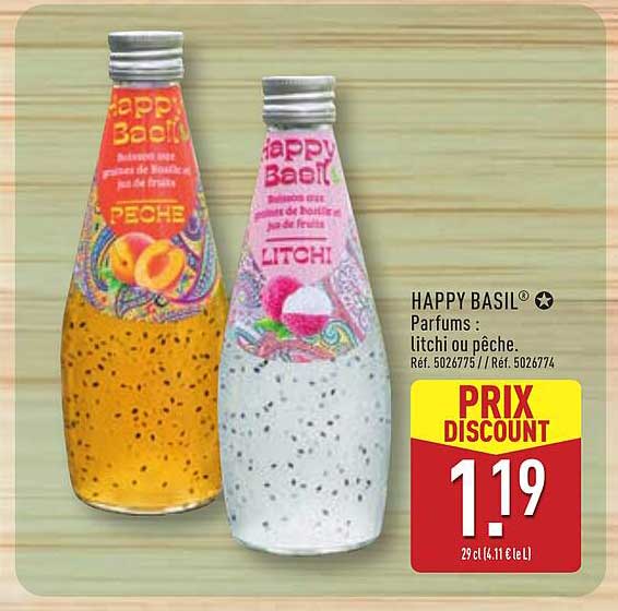 HAPPY BASIL® Parfums : litchi ou pêche.