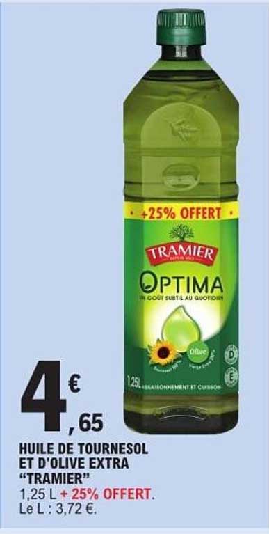 HUILE DE TOURNESOL ET D'OLIVE EXTRA “TRAMIER” 1,25 L + 25% OFFERT