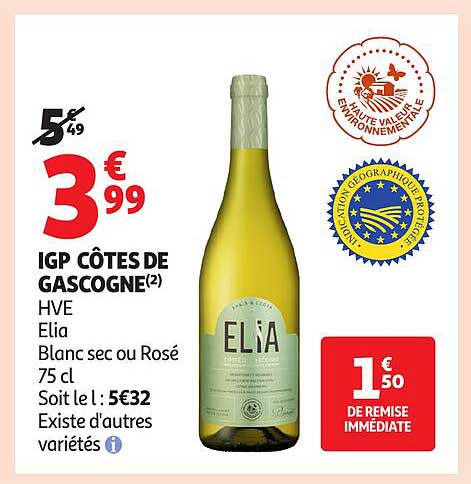 IGP CÔTES DE GASCOGNE(2) HVE Elia Blanc sec ou Rosé 75 cl