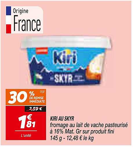 KIRI AU SKYR fromage au lait de vache pasteurisé à 16% Mat. Gr sur produit fini 145 g - 12,48 € le kg