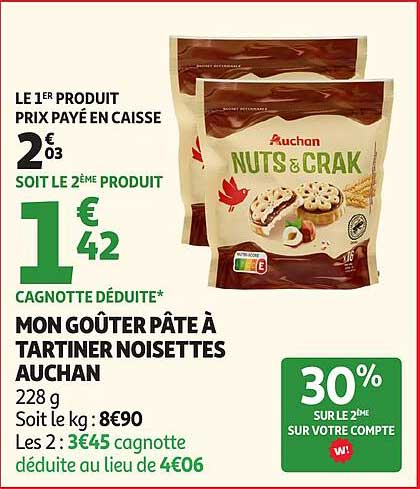 LE 1ER PRODUIT PRIX PAYÉ EN CAISSE SOIT LE 2ÈME PRODUIT CAGNOTTE DÉDUITE* MON GOÛTER PÂTE À TARTINER NOISETTES AUCHAN