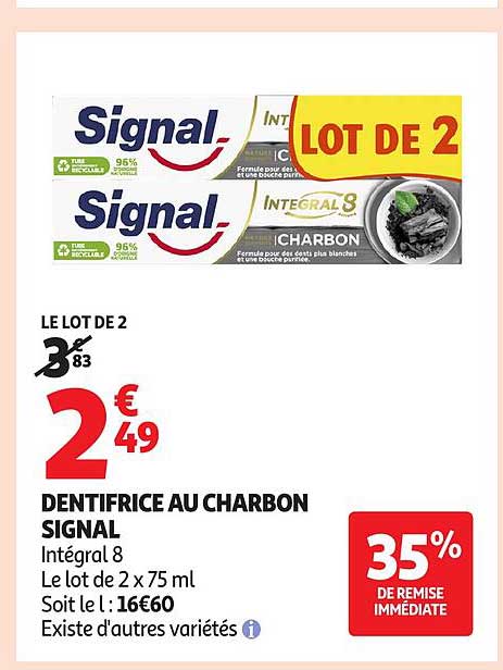 LE LOT DE 2 DENTIFRICE AU CHARBON SIGNAL Intégral 8 Le lot de 2 x 75 ml