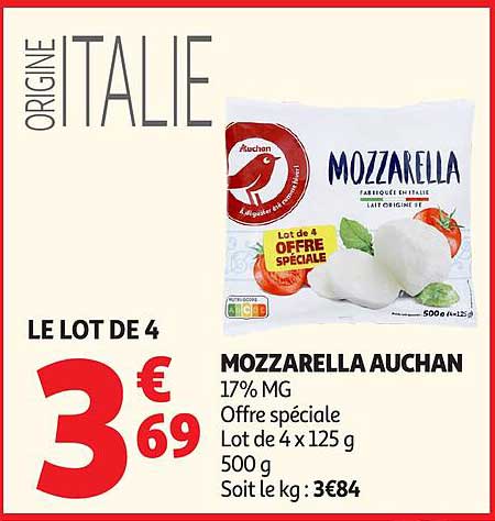 LE LOT DE 4 MOZARELLA AUCHAN 17% MG Offre spéciale Lot de 4 x 125 g 500 g Soit le kg : 3€84