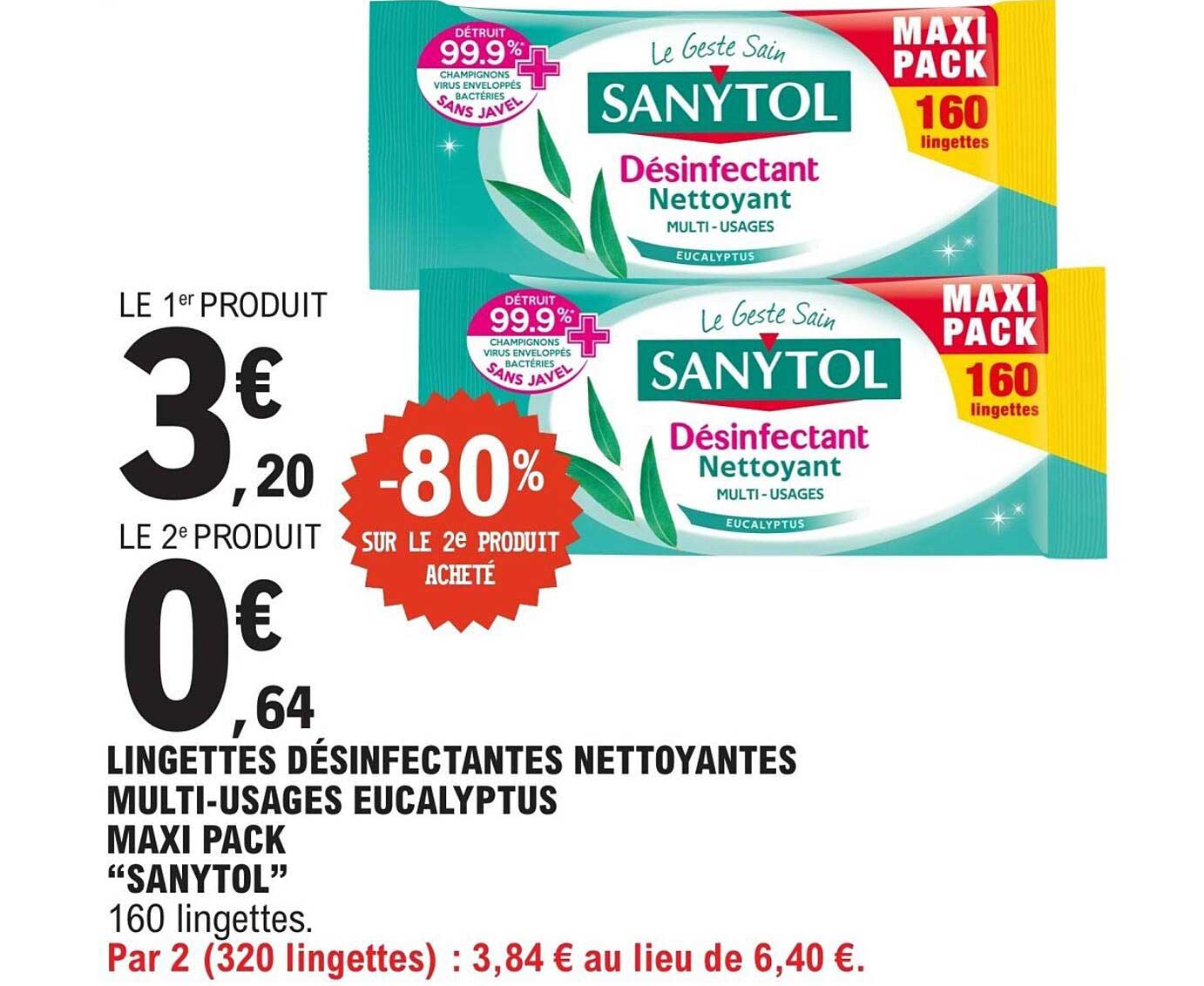 LINGETTES DÉSINFECTANTES NETTOYANTES MULTI-USAGES EUCALYPTUS MAXI PACK “SANYTOL” 160 lingettes.