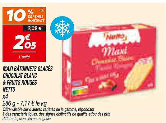 MAXI BÂTONNETS GLACÉS CHOCOLAT BLANC & FRUITS ROUGES NETTO x4