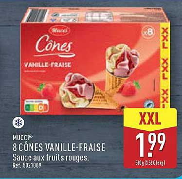 MUCCI® 8 CÔNES VANILLE-FRAISE Sauce aux fruits rouges. Réf. 5021009