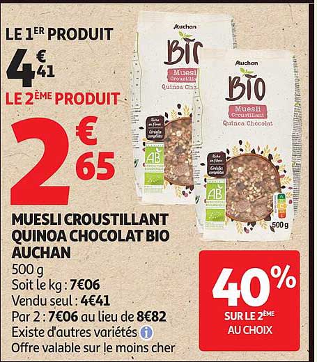 MUESLI CROUSTILLANT QUINOA CHOCOLAT BIO AUCHAN