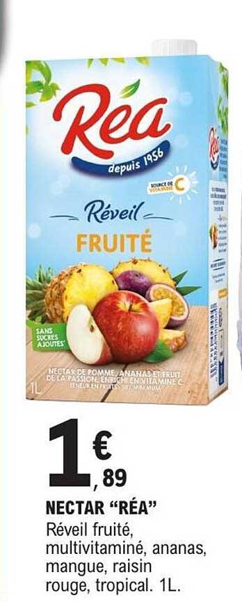 Nectar “RÉA” Réveil fruité, multivitaminé, ananas, mangue, raisin rouge, tropical. 1L.
