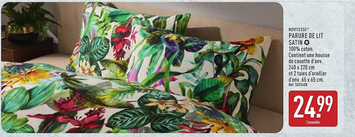 NOVITESSE® PARURE DE LIT SATIN ★ 100% coton. Contient une housse de couette d’env. 240 x 220 cm et 2 taies d’oreiller d’env. 65 x 65 cm. Réf. 5020408