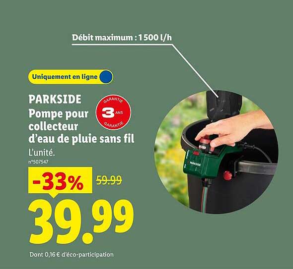 PARKSIDE Pompe pour collecteur d’eau de pluie sans fil