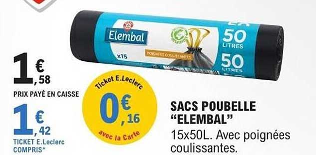 SACS POUBELLE “ELEMBAL” 15x50L. Avec poignées coulissantes.