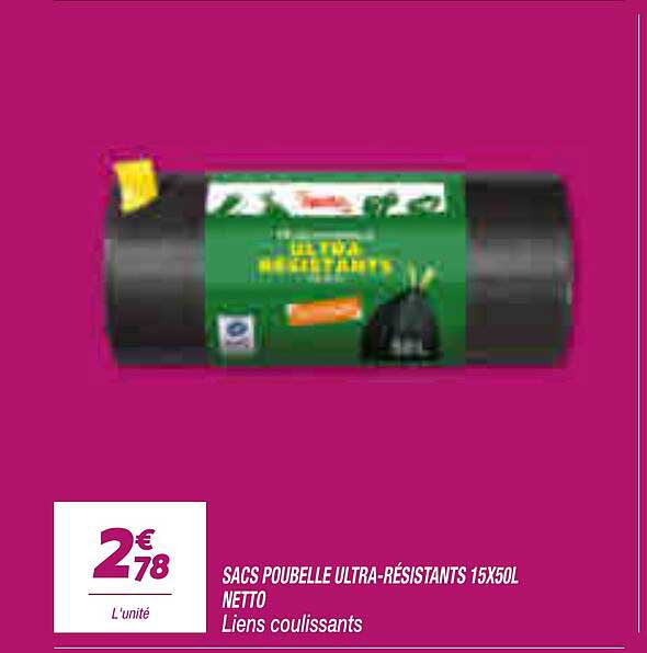SACS POUBELLE ULTRA-RÉSISTANTS 15X50L NETTO Liens coulissants
