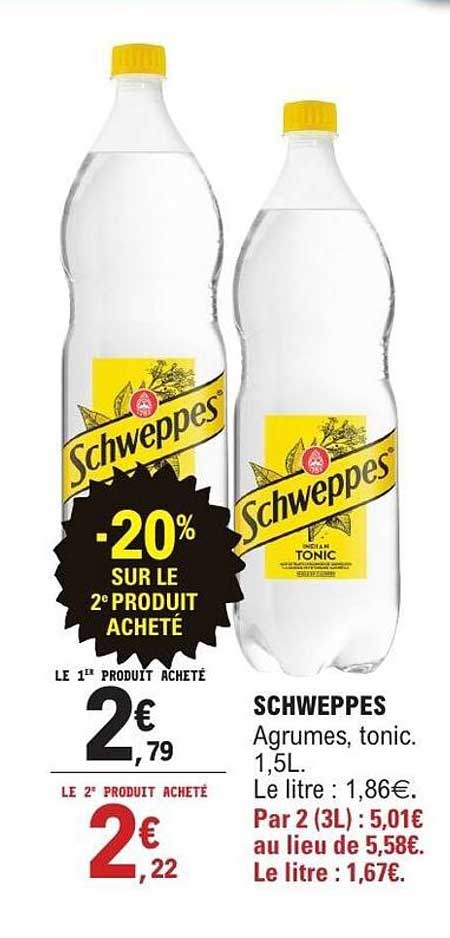 Schweppes Agrumes, tonic. 1,5L. -20% sur le 2e produit acheté