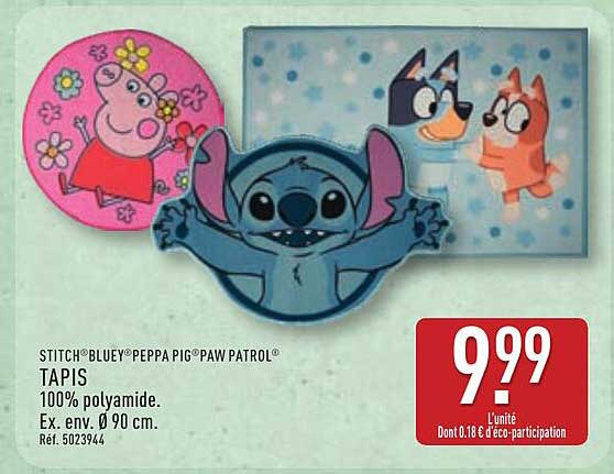 STITCH®BLUEY®PEPPA PIG®PAW PATROL® TAPIS 100% polyamide. Ex. env. Ø 90 cm. Réf. 5023944