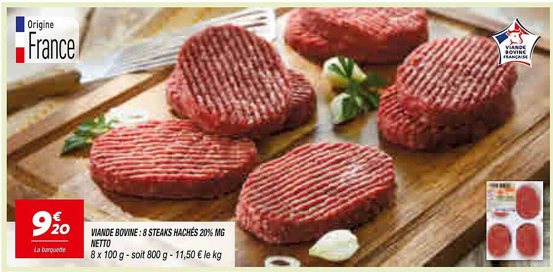 VIANDE BOVINE : 8 STEAKS HACHÉS 20% MG NETTO